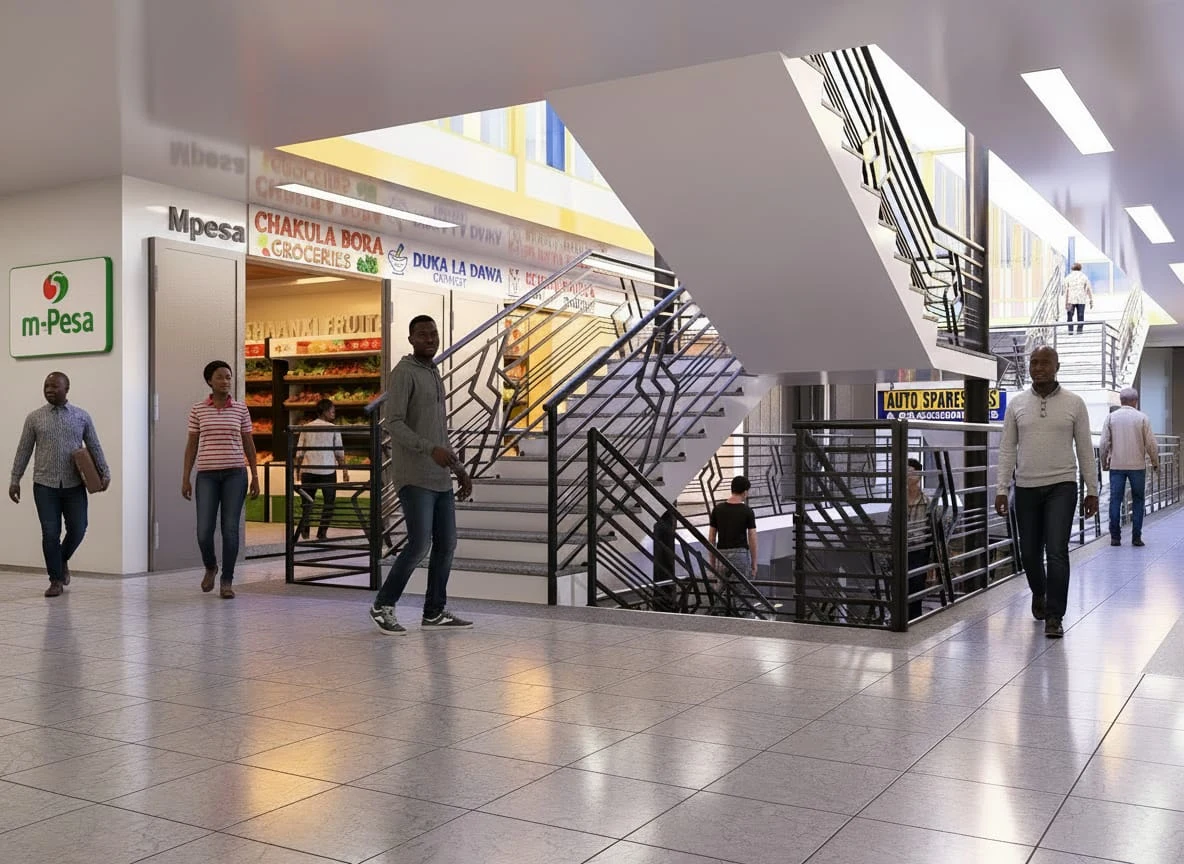 Mall interior with staircase and shopfronts